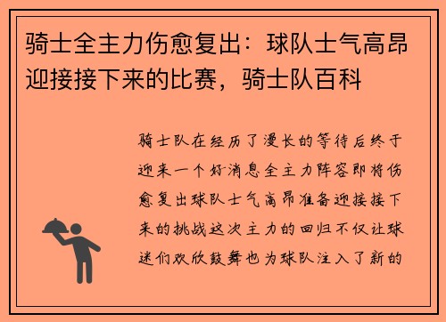 骑士全主力伤愈复出：球队士气高昂迎接接下来的比赛，骑士队百科