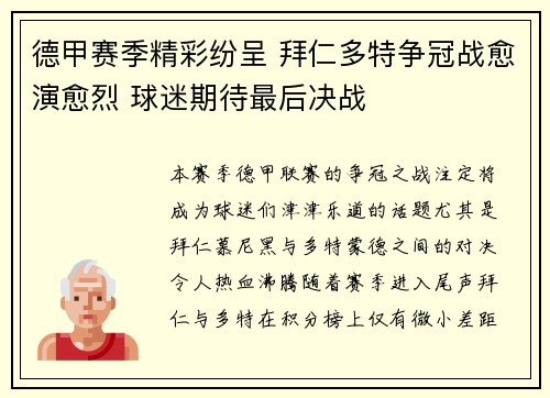 德甲赛季精彩纷呈 拜仁多特争冠战愈演愈烈 球迷期待最后决战